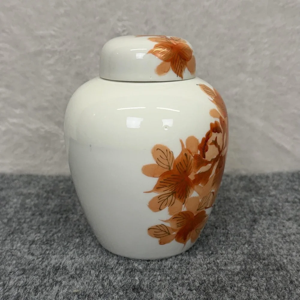 Vintage Asian Ginger Jar Copper Gold Floral Porcelain Lidded Vase Urn 6 In